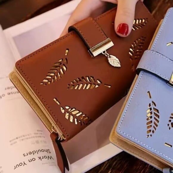 Women’s Brown Faux Leather Gold Leaf Clutch Wallet - Picture 2 of 4